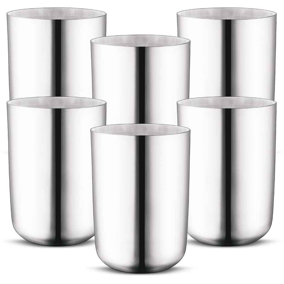Classic Essentials Steel Silver Glass Set Pack of 6, 300 ml Water/Juice Capacity
