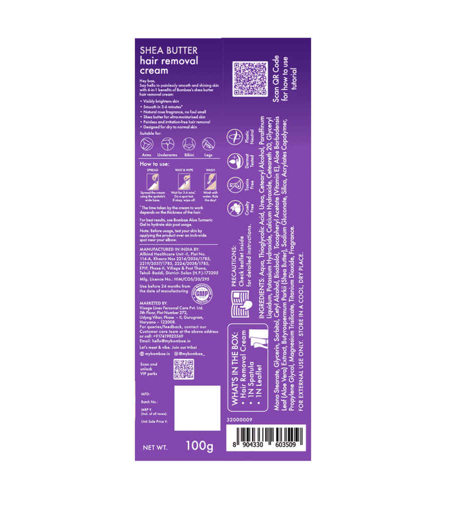 Bombae Shea Butter & Rose Detan Hair Removal Cream - Salon Smooth and Glowing Skin