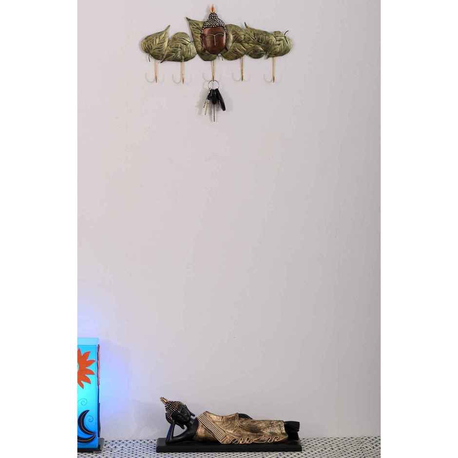Ecraftindia Wrought Iron Buddha Head With Green Leaves Designer With 5 Key Hooks For Wall