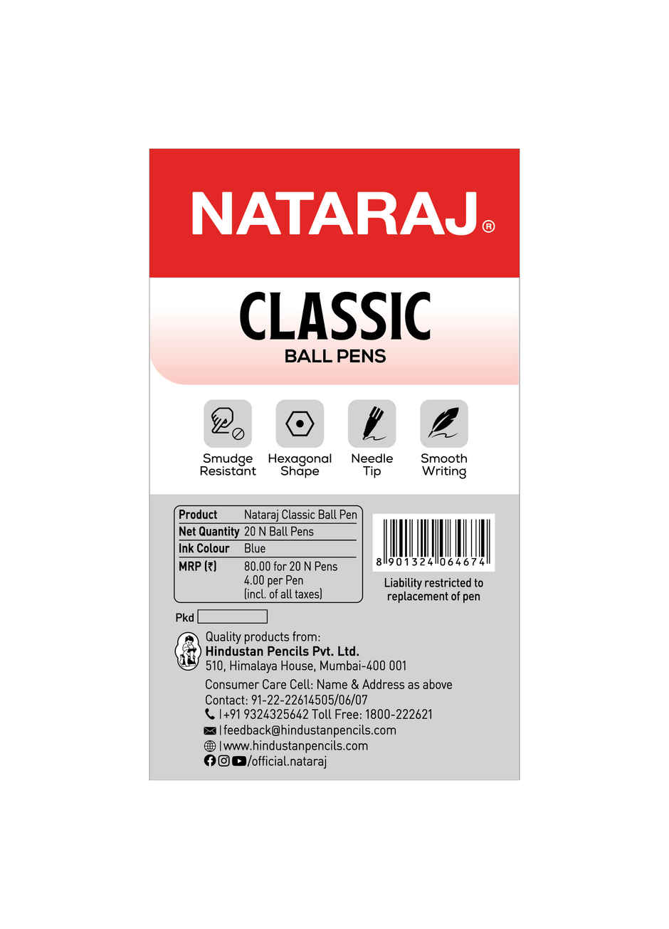 Nataraj Classic Ball Pen Blue Ink Pack Of 20 Pens