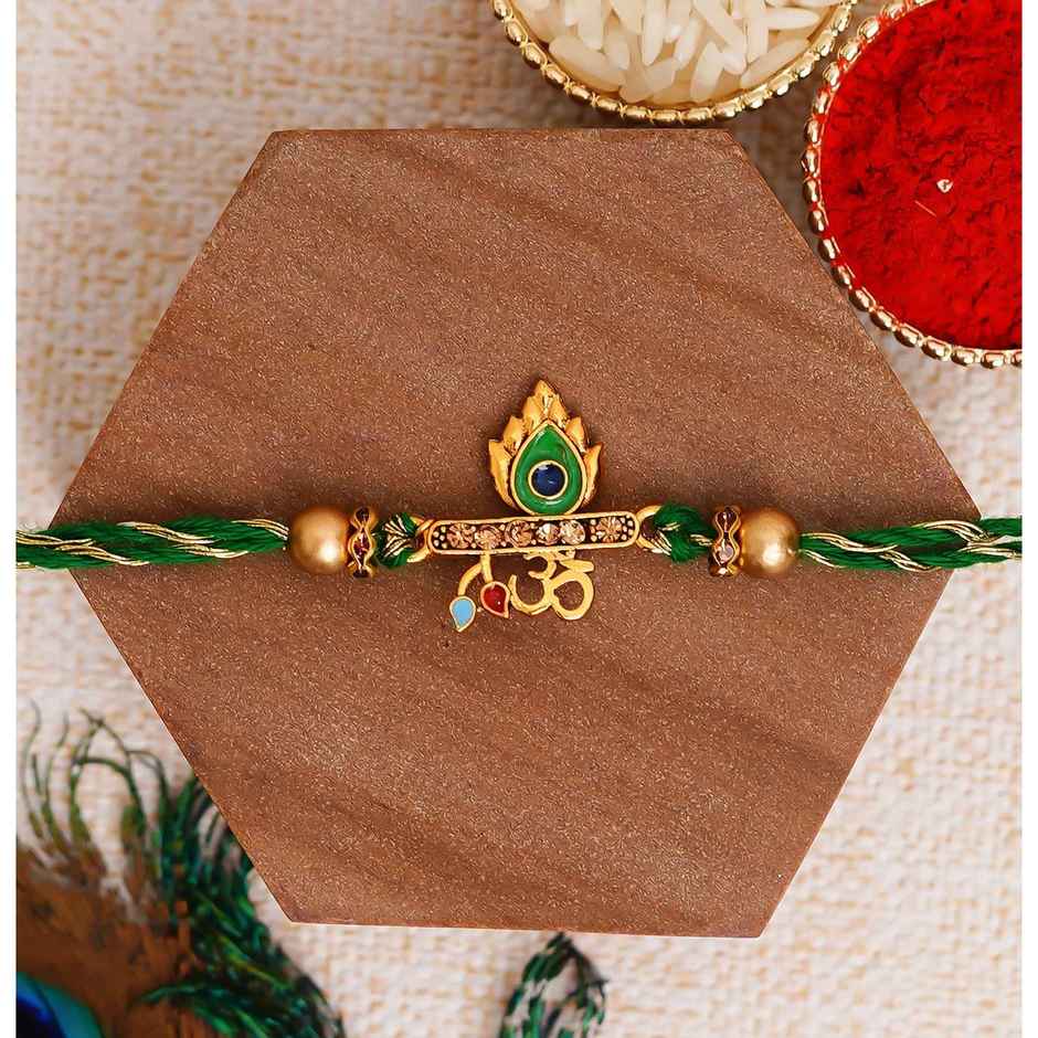Green Golden Peacock Feather Om Designer Rakhi with Roli Chawal Rakhi for Brother Bhaiya Bhai | Pack of 1 | Ecraftindia