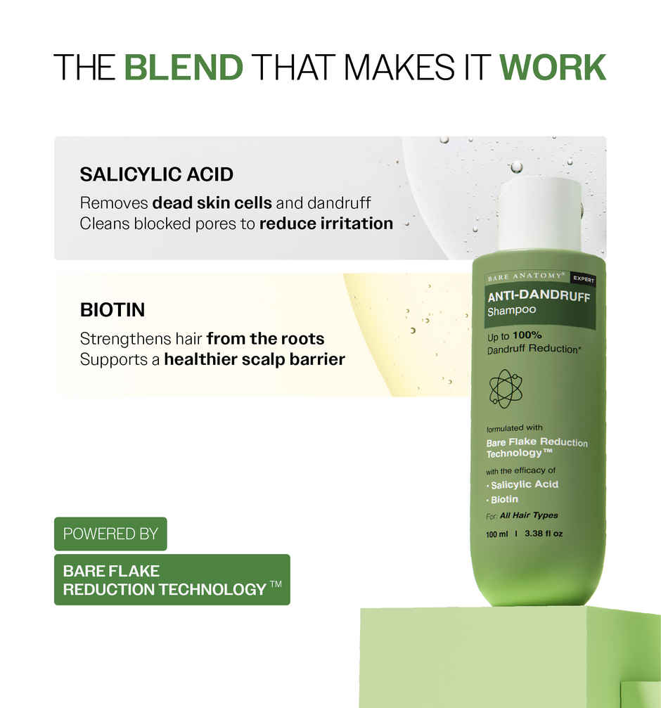 Bare Anatomy Anti-Dandruff Shampoo | Upto 100% Dandruff Reduction| Salicylic Acid, Biotin