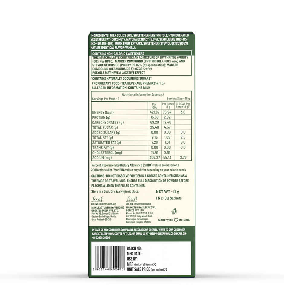 Sleepy Owl Vanilla Matcha Premix Sachet | Authentic Japanese Matcha