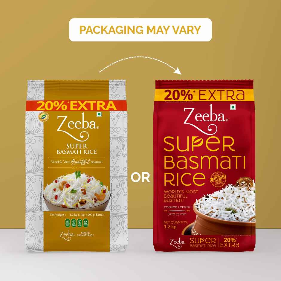 Zeeba Super Basmati Rice|Fluffy & Naturally Aromatic|Gluten Free Fine Grains|Cooked length upto 23mm