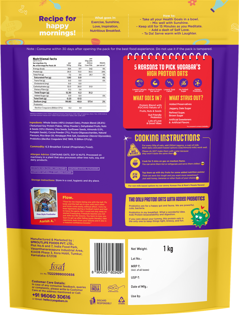 Yoga Bar High Protein Oats, No Added Sugar, Choco Almond or Dark Chocolate Whey Protein with Probiotics, High Fiber