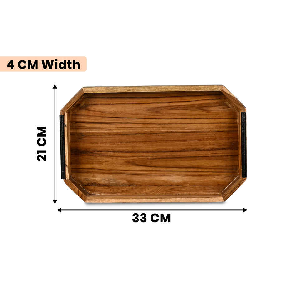 Estoria Collective Teak Wooden Serving Tray with Metal Handle