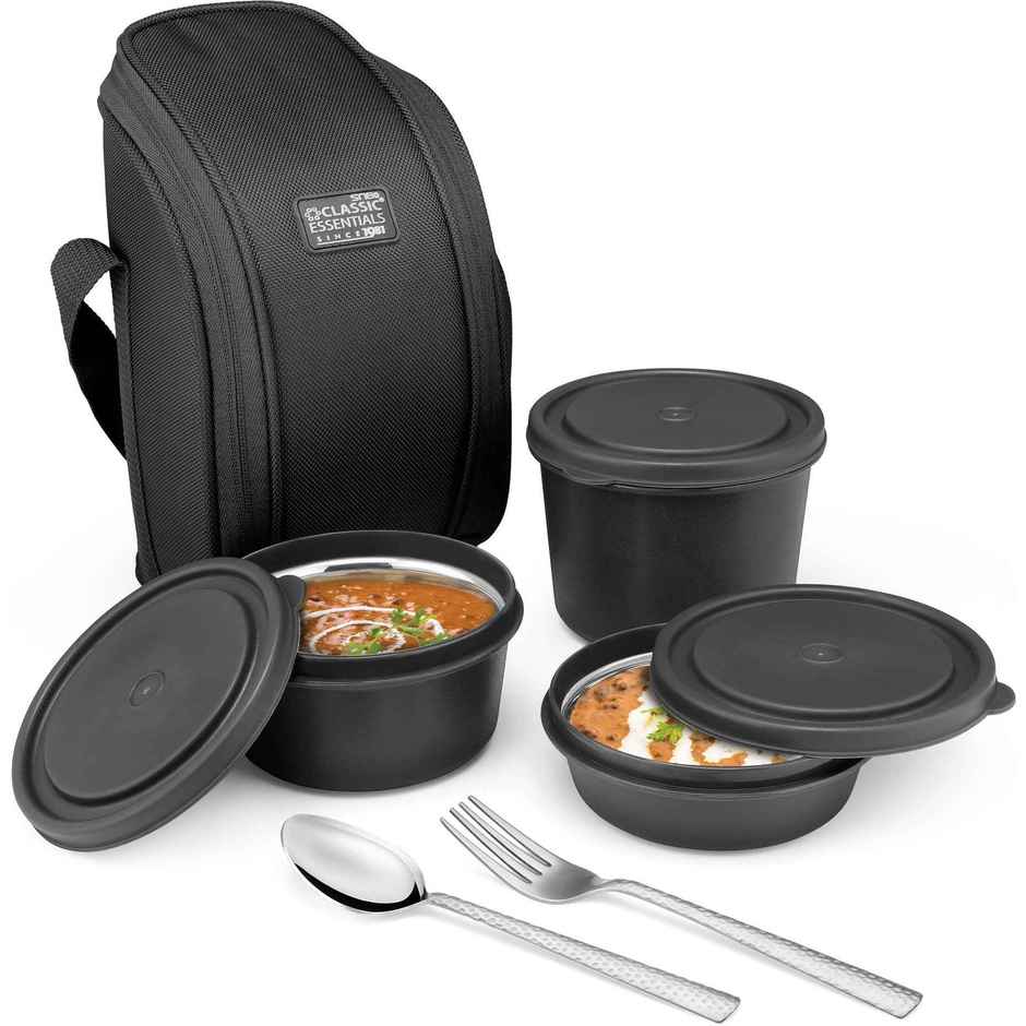 Classic Essentials Microwavable Insulated Lunch Box Set of 3 Bag & cutlery 1250 ml Black