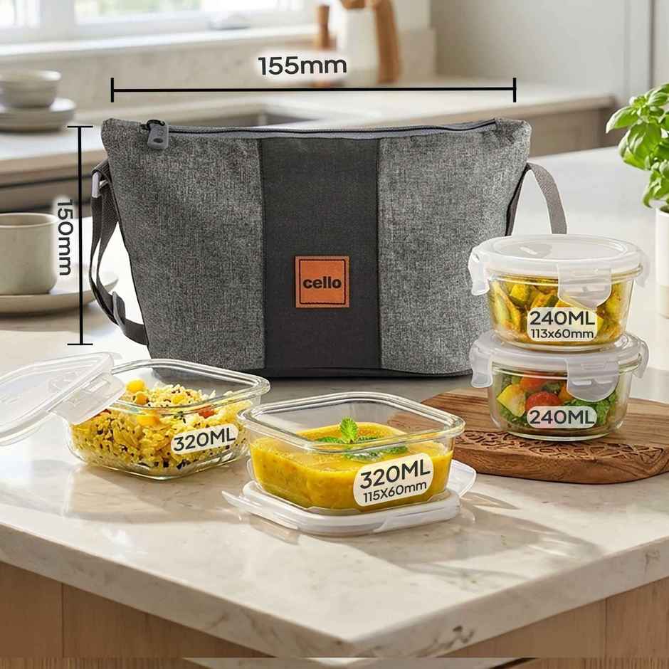 Cello Glassy Mix Lunch Box | Microwavable Borosilicate Glass | 2 x 320 ml and 2 x 240 ml