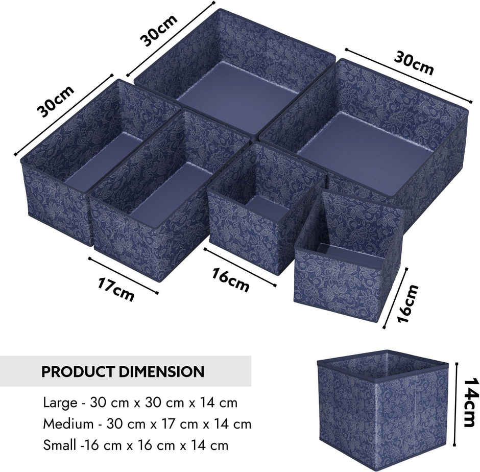 Kuber Industries Non-Woven 6 Piece Flower Drawer Storage Organizer For Socks | Bra | Tie|Navy Blue