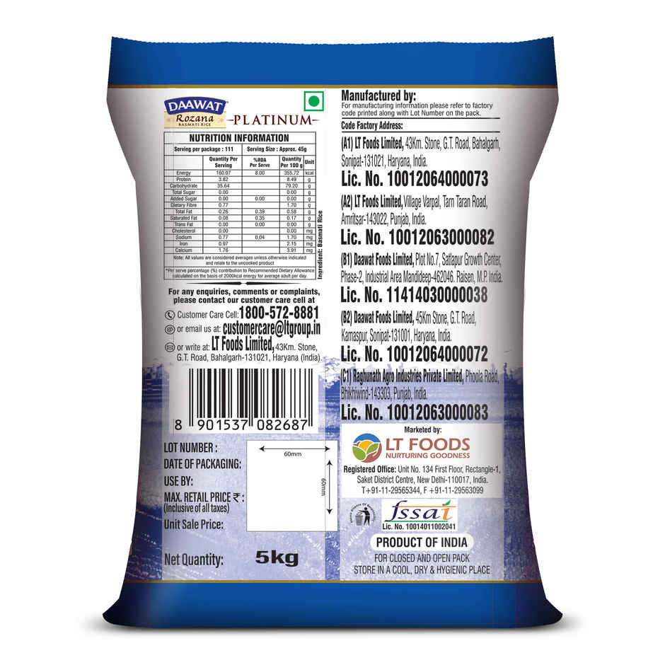 Daawat Platinum Rozana Basmati Rice | Long Grain