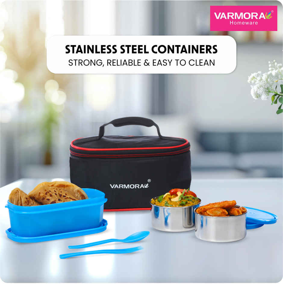 Varmora SS Duo Lunch Box- Blue-3 Storage Containers with spoon and fork