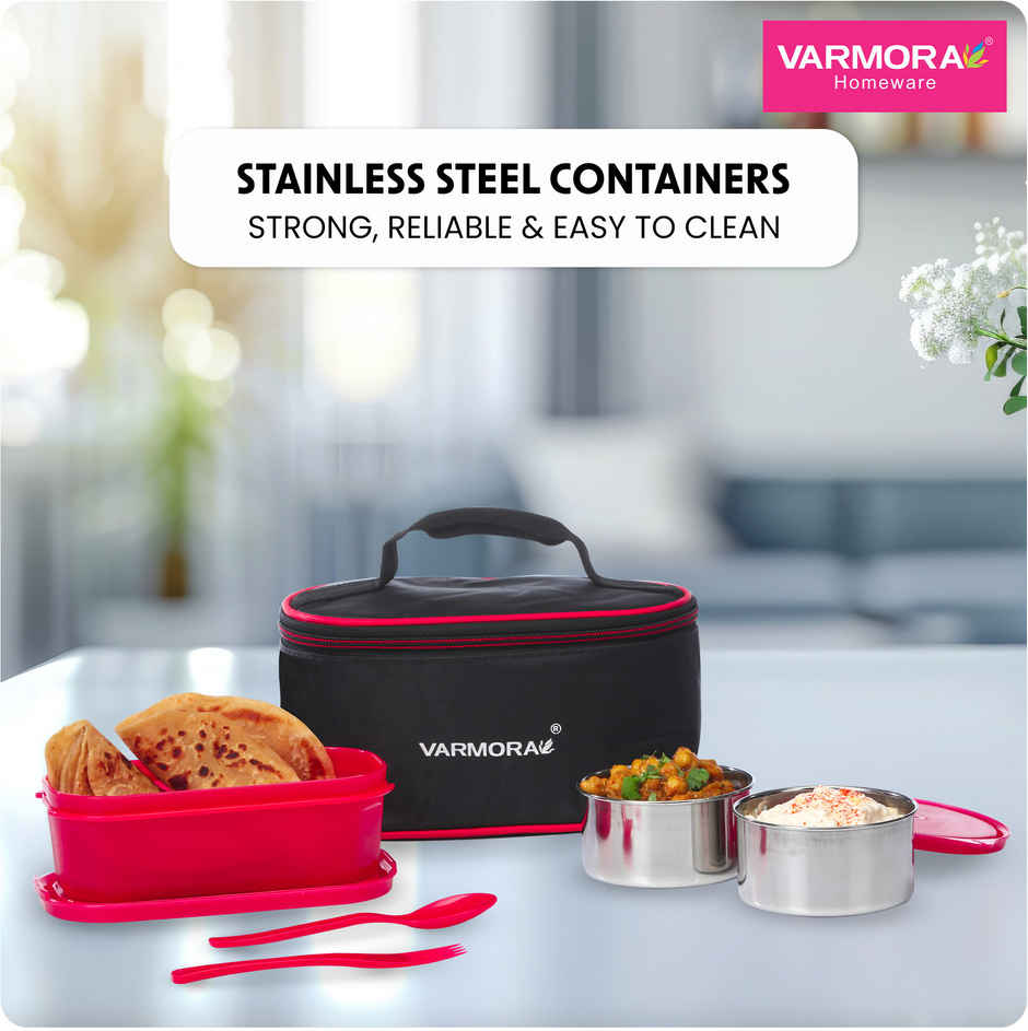 Varmora SS Duo Lunch Box- Raspberry Pink-3 Storage Containers with spoon and fork