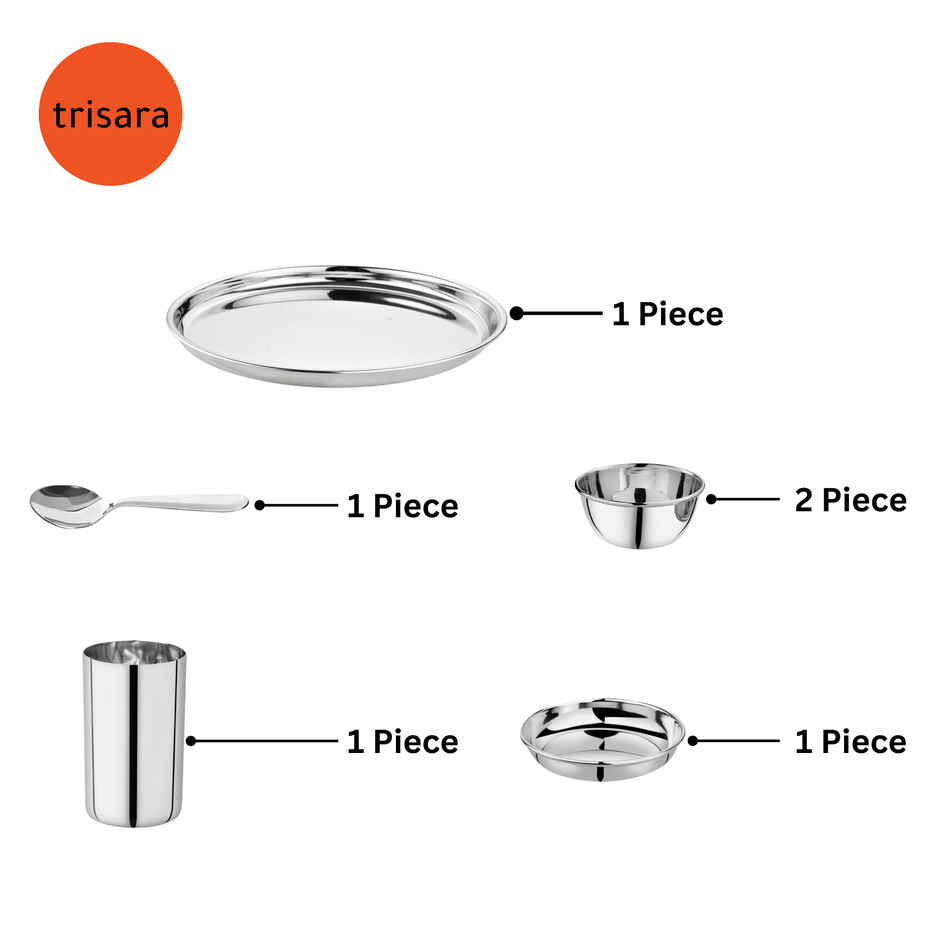 Trisara Stainless Steel Dinner Set 6-Pcs. (1 Plate, 1 Snack/Rice Plate, 2 Bowls, 1 Glass & 1 Spoon)