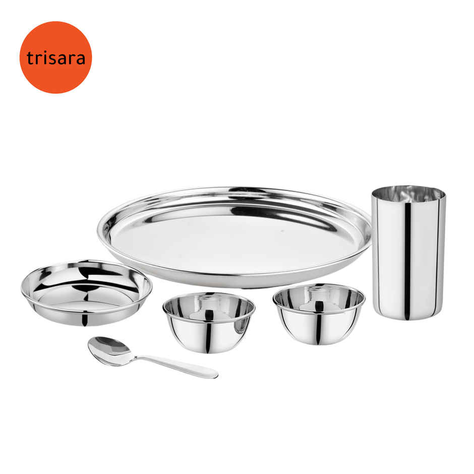 Trisara Stainless Steel Dinner Set 6-Pcs. (1 Plate, 1 Snack/Rice Plate, 2 Bowls, 1 Glass & 1 Spoon)