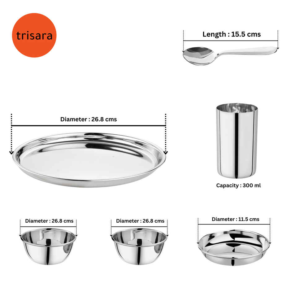 Trisara Stainless Steel Dinner Set 6-Pcs. (1 Plate, 1 Snack/Rice Plate, 2 Bowls, 1 Glass & 1 Spoon)