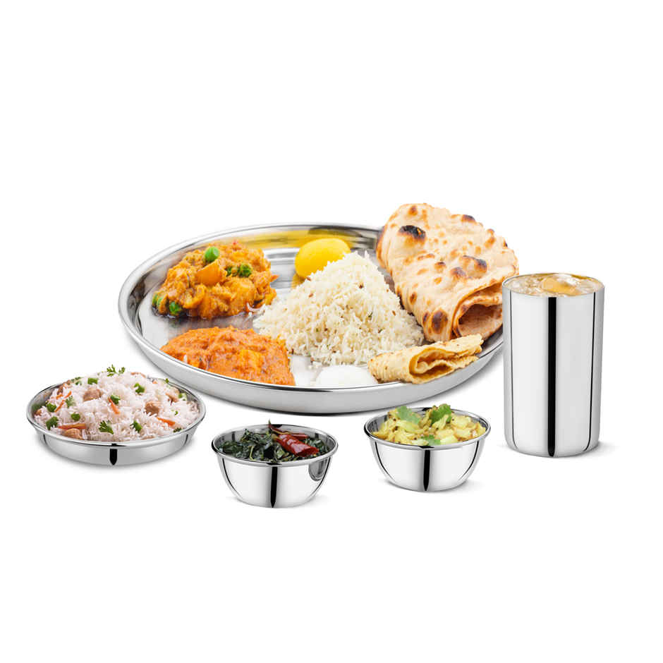 Trisara Stainless Steel Dinner Set 6-Pcs. (1 Plate, 1 Snack/Rice Plate, 2 Bowls, 1 Glass & 1 Spoon)