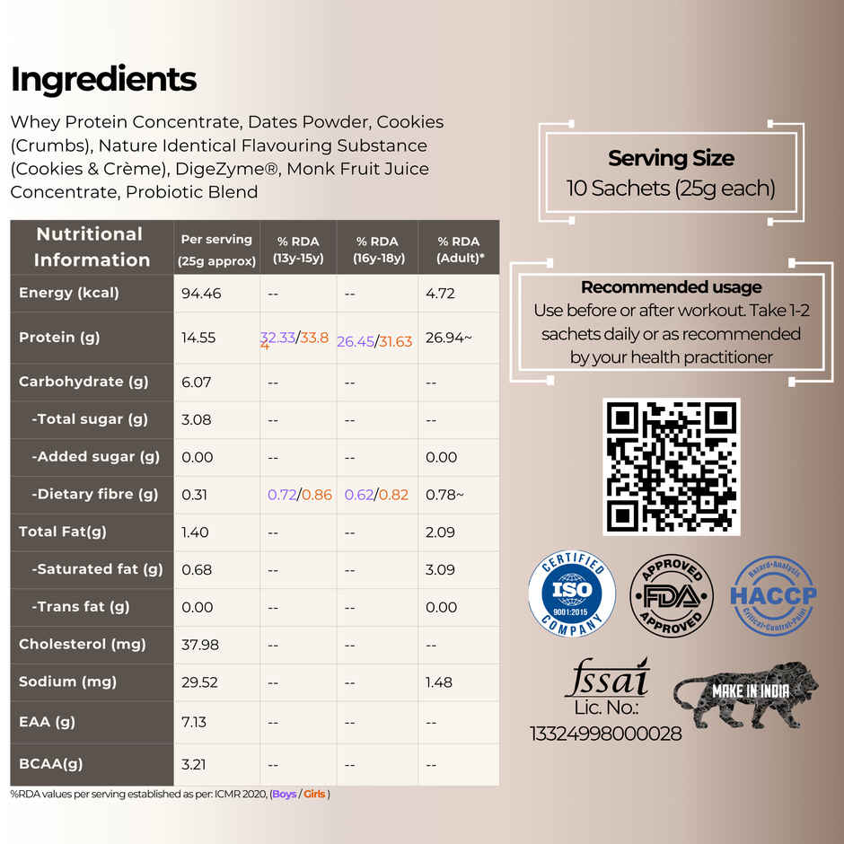 Whey Protein with Monk Fruit - Cookies n Creme (Pack of 10N Sachets)