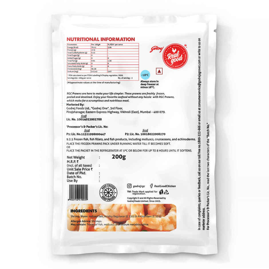 Godrej Real Good Large Prawns | Peeled & Deveined | Freshly Frozen