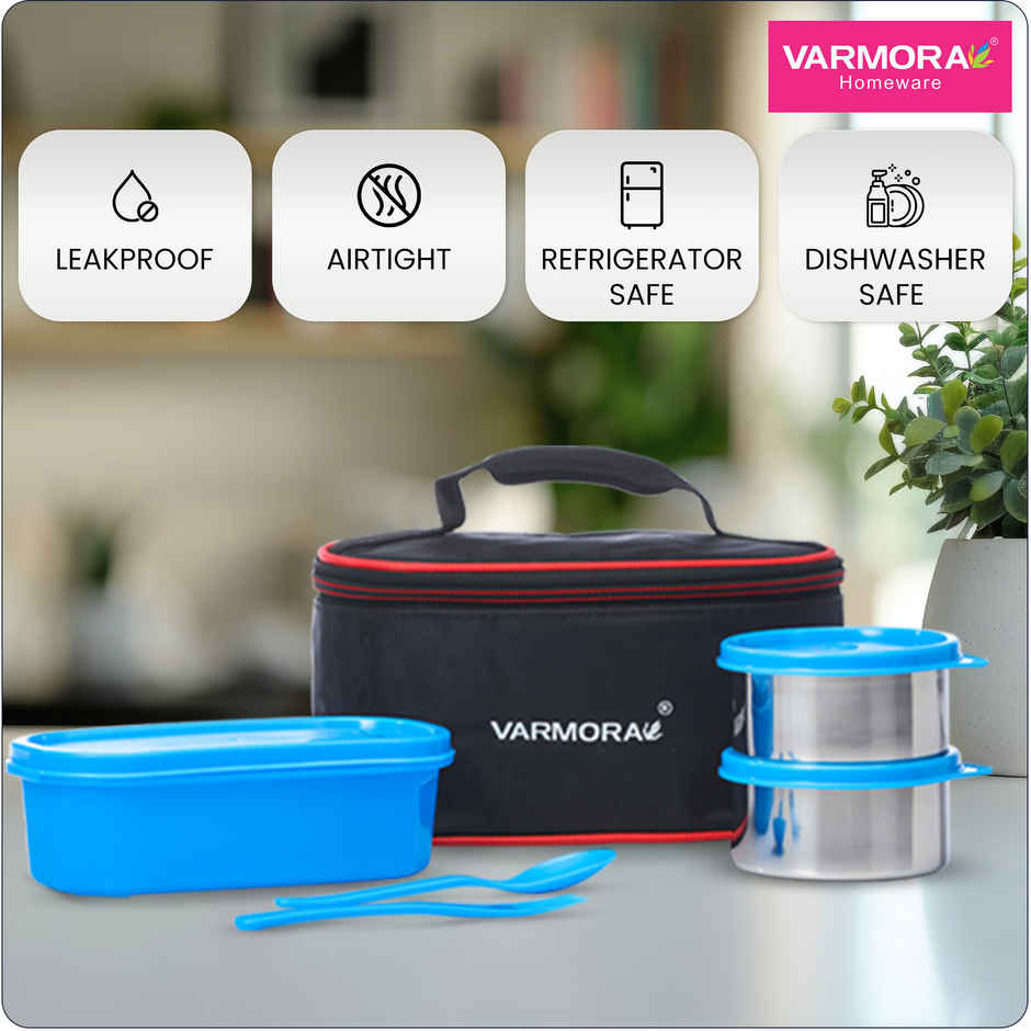 Varmora SS Duo Lunch Box- Blue-3 Storage Containers with spoon and fork