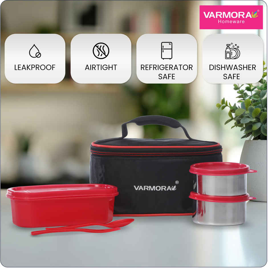 Varmora SS Duo Lunch Box- Raspberry Pink-3 Storage Containers with spoon and fork