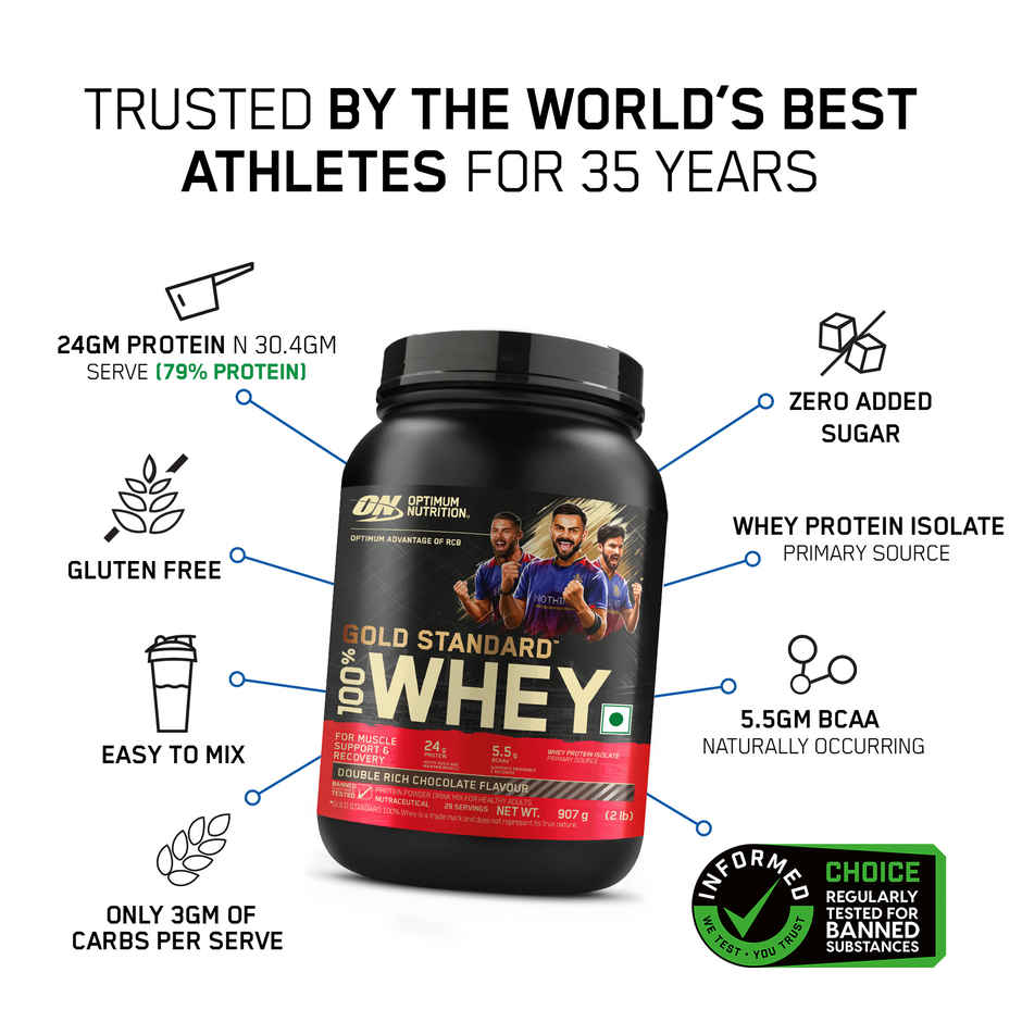 Optimum Nutrition (On) Pure Whey Gold Standard Powder Double Rich Chocolate 2 Lb (907g) & Optimum Nutrition Pre-Workout Fruit Punch Flavour (142.5g) Combo