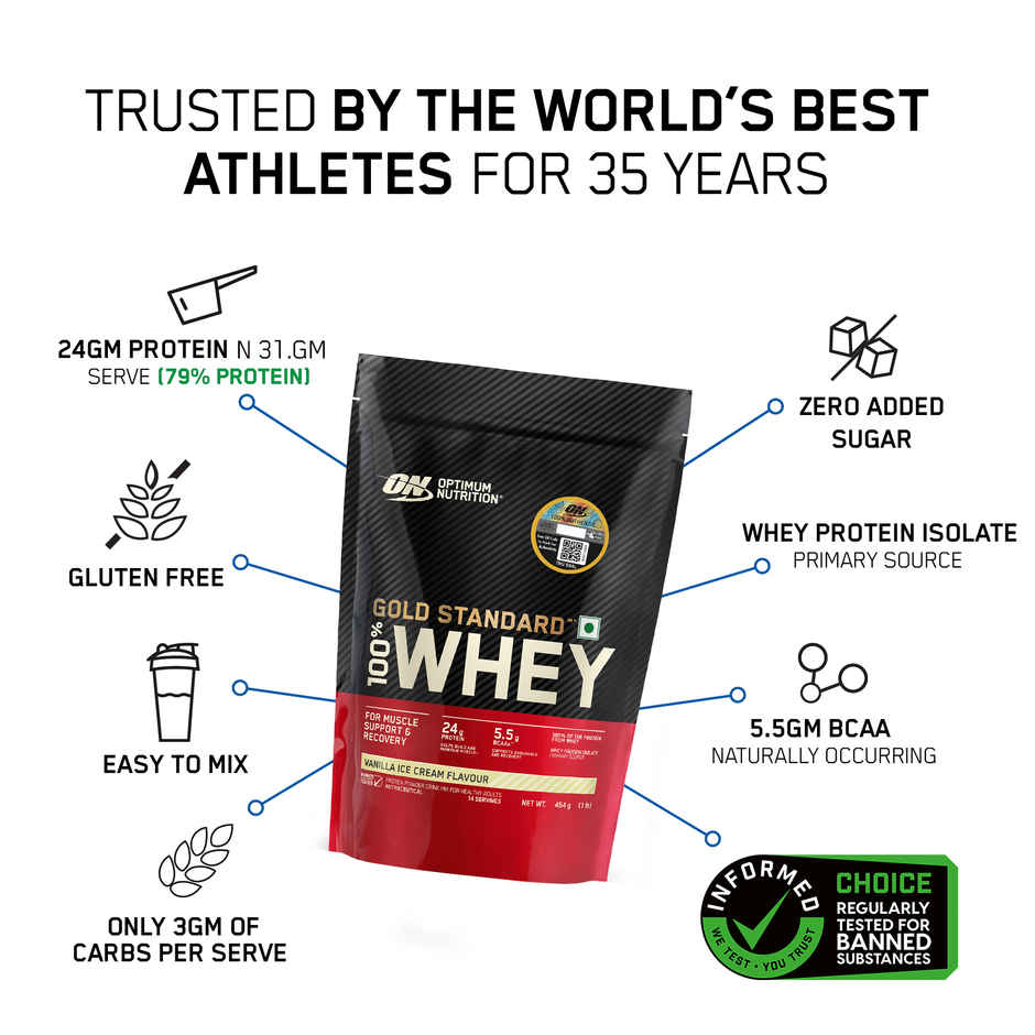 Optimum Nutrition (On) Pure Whey Gold Standard Powder Vanilla Ice Cream1 Lb