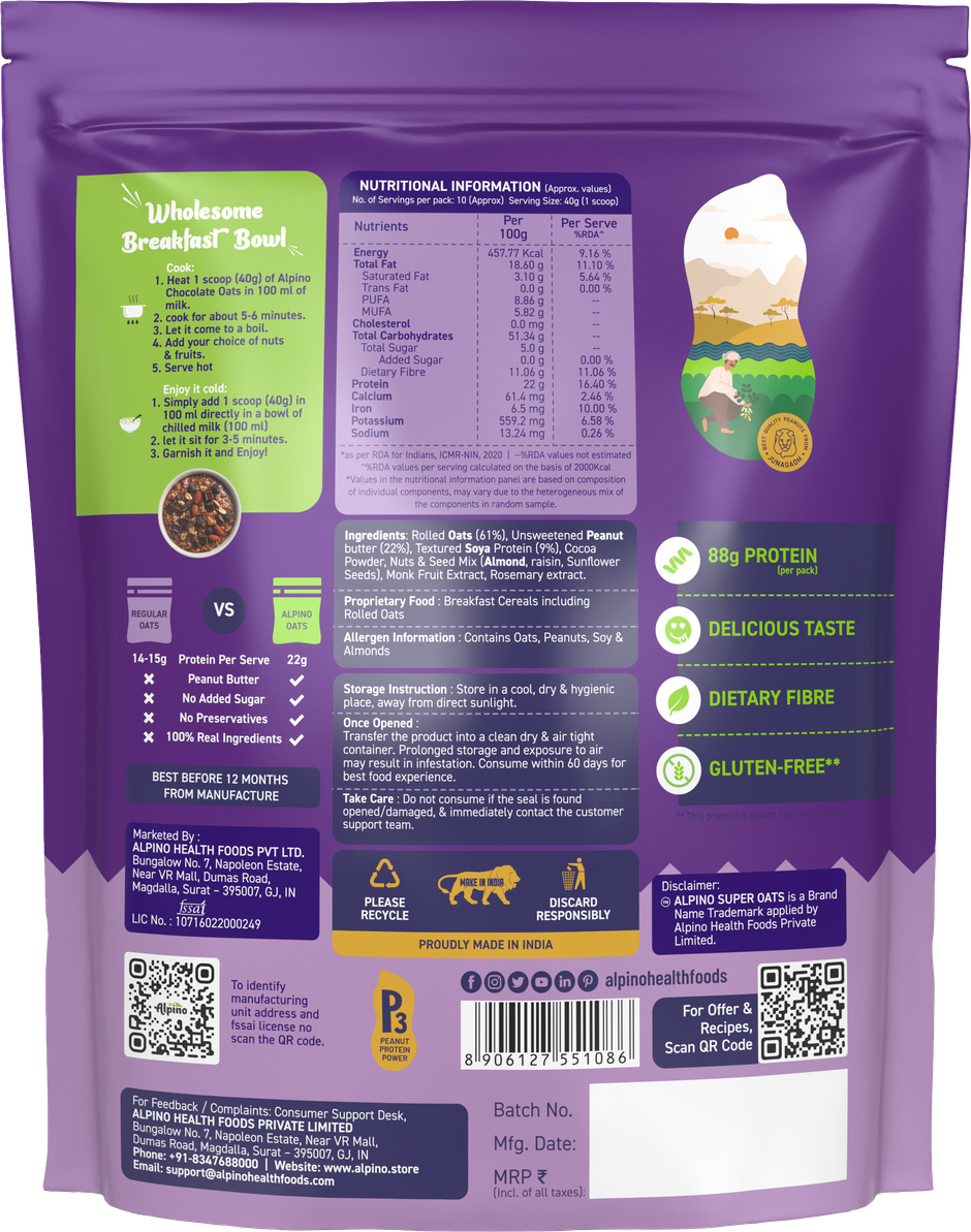 Alpino 22g High Protein Super Oats Chocolate with Almonds & Raisins | No Added Sugar & Salt