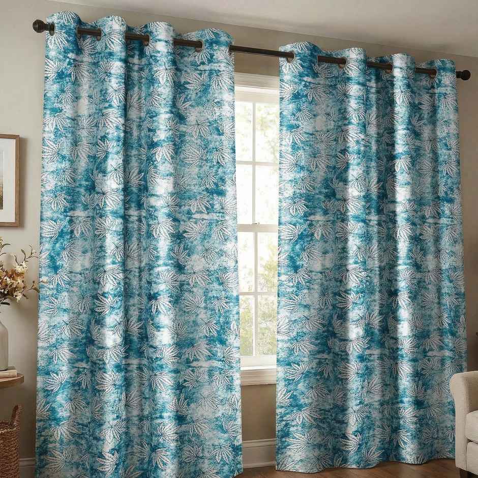 Home Sizzler Leaf Mist Grommet Eyelet Polyester Door Curtains 7 Feet Frosted Aqua