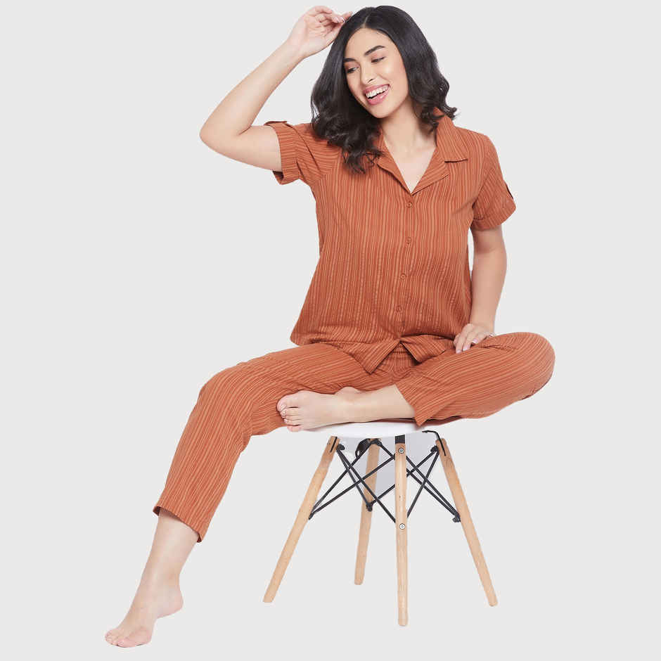 Clovia Women's Sassy Stripes Button Down Shirt & Pyjama - Cotton | LS0385D06 | Brown - XL