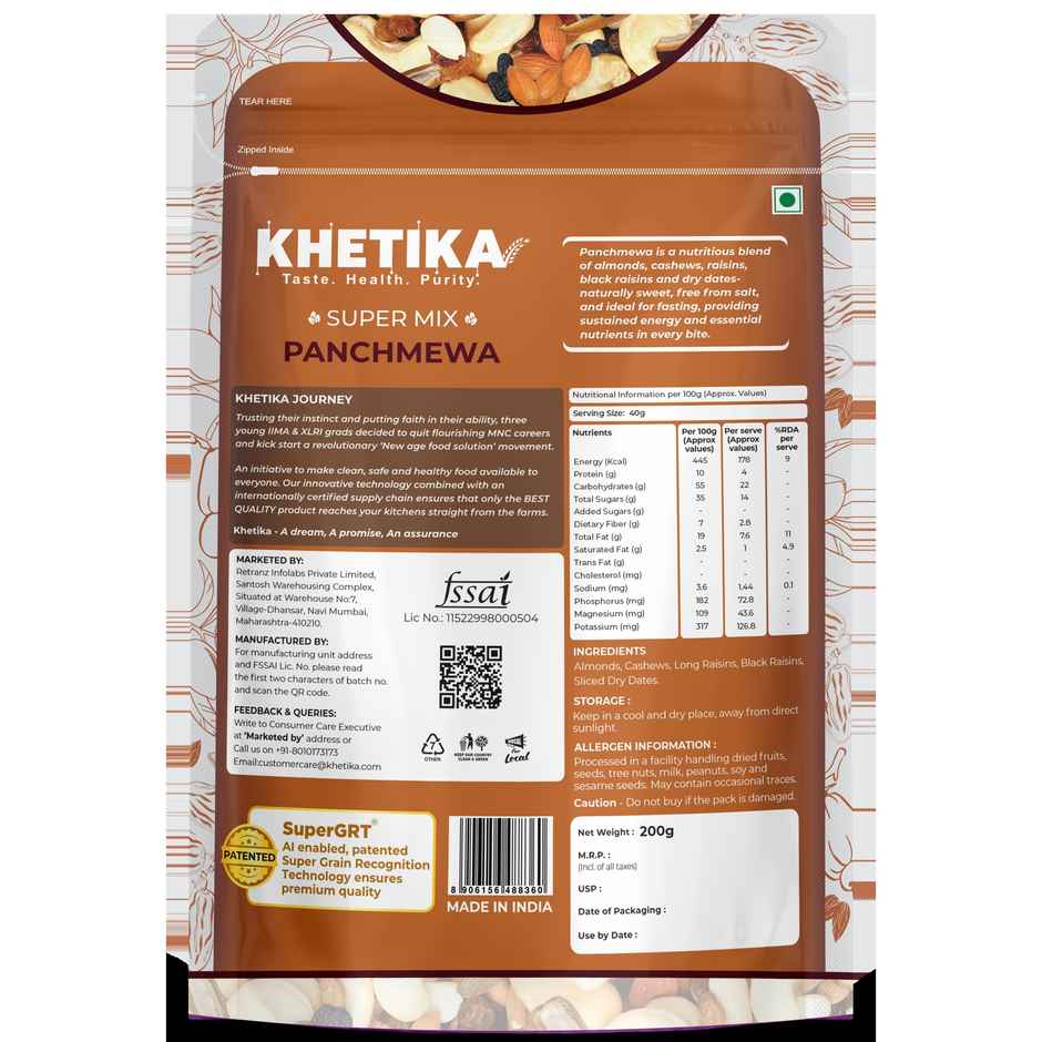 Khetika Premium Panchmeva | 5 Superfood in 1 Mix | Mixed Nuts | Contains Cashew, Almond, Long Raisins, Black Raisins, Sliced Dry Dates |
