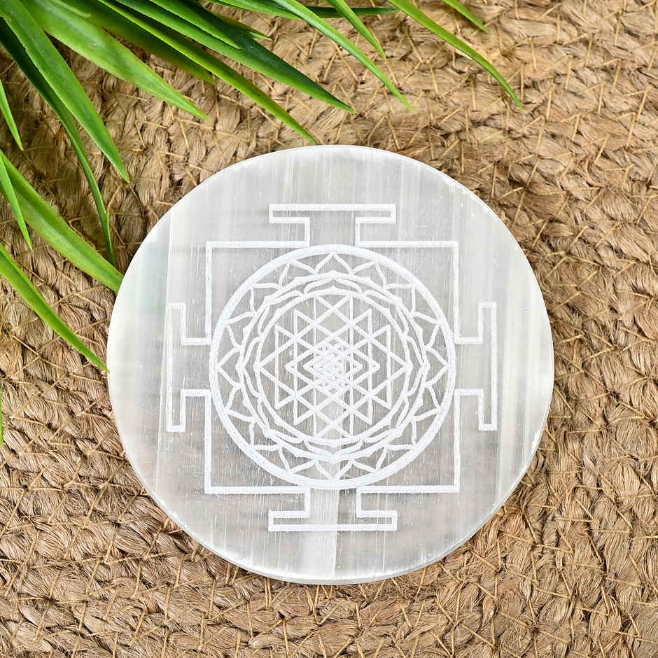 HINDCRAFT Selenite Charging Plate | Sri Yantra Engraved Crystal Plate for Meditation Spiritual Gift