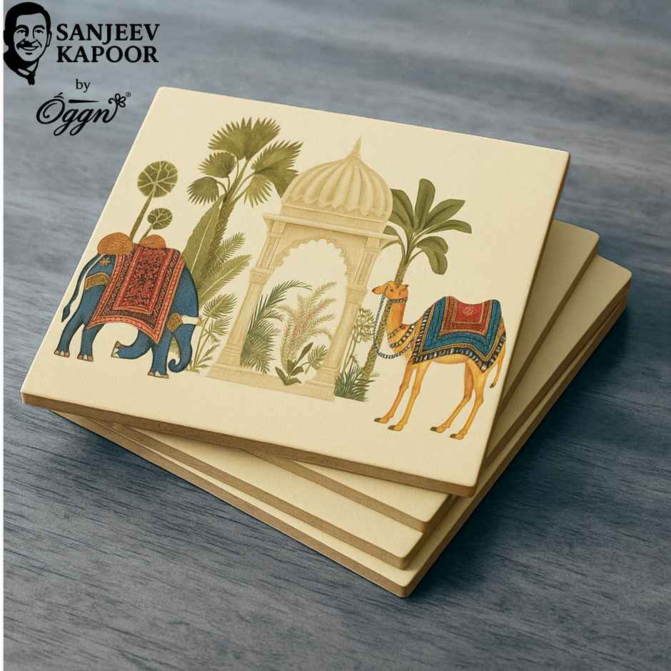 Sanjeev Kapoor by OGGN Elephant Printed MDF Coaster Set of 4 - Coffee Mug & Glasses (4 Inch )