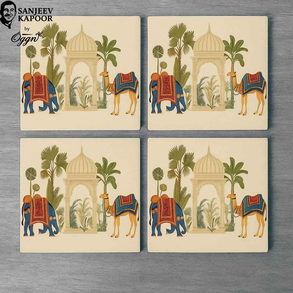 Sanjeev Kapoor by OGGN Elephant Printed MDF Coaster Set of 4 - Coffee Mug & Glasses (4 Inch )