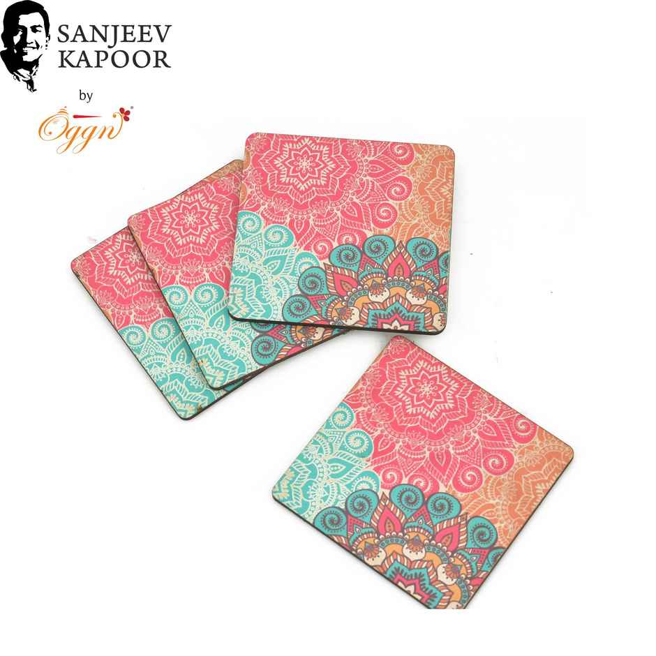 Sanjeev Kapoor by OGGN Marque Printed MDF Coaster Set of 4 - Coffee Mug & Glasses (4 Inch )