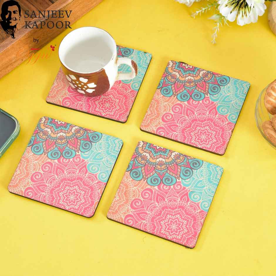 Sanjeev Kapoor by OGGN Marque Printed MDF Coaster Set of 4 - Coffee Mug & Glasses (4 Inch )
