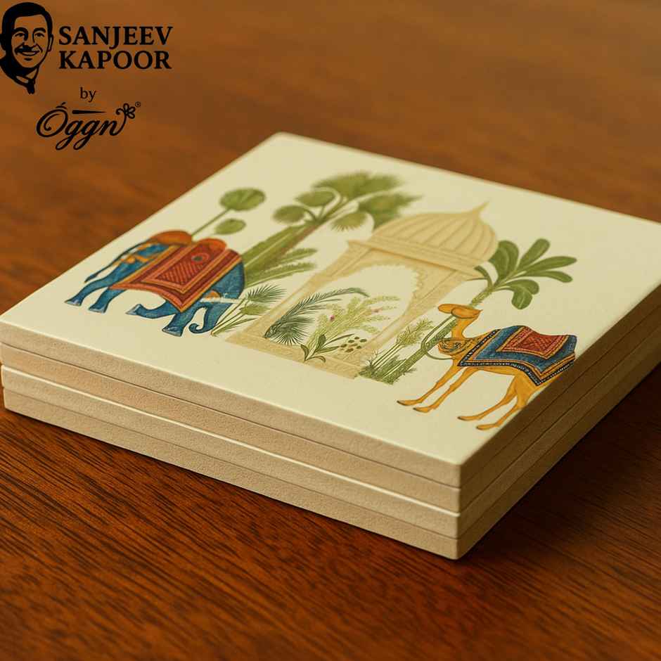 Sanjeev Kapoor by OGGN Elephant Printed MDF Coaster Set of 4 - Coffee Mug & Glasses (4 Inch )