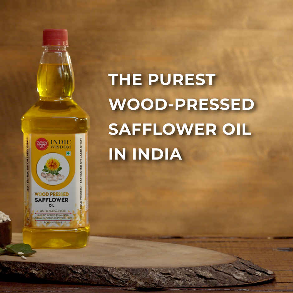 Indic Wisdom Wood Pressed Safflower Oil | Cold Pressed - Extracted on Wooden Churner Combo