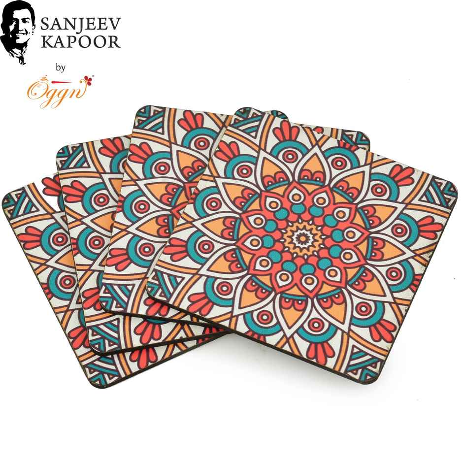 Sanjeev Kapoor by OGGN Vista Printed MDF Coaster Set of 4 - Coffee Mug & Glasses (4 Inch )