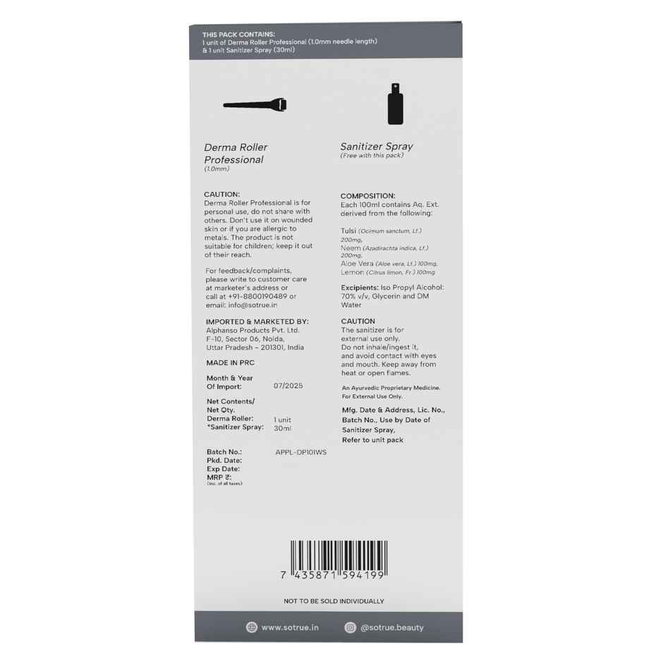 Sotrue Professional Derma Roller with Sanitizer | 1 mm