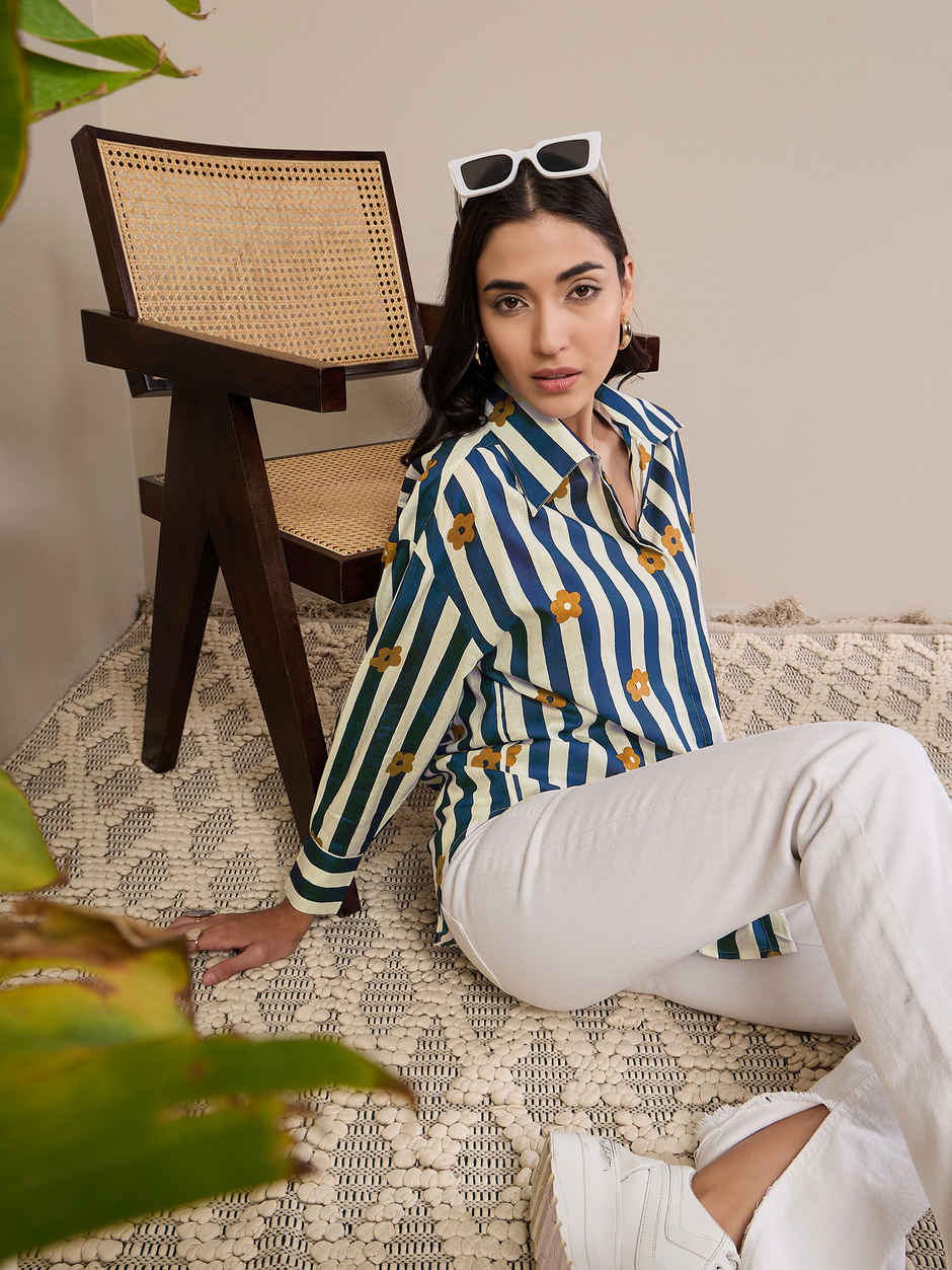 Uptownie Women's Printed Asymmetrical Cotton Shirt | Navy Blue - XL