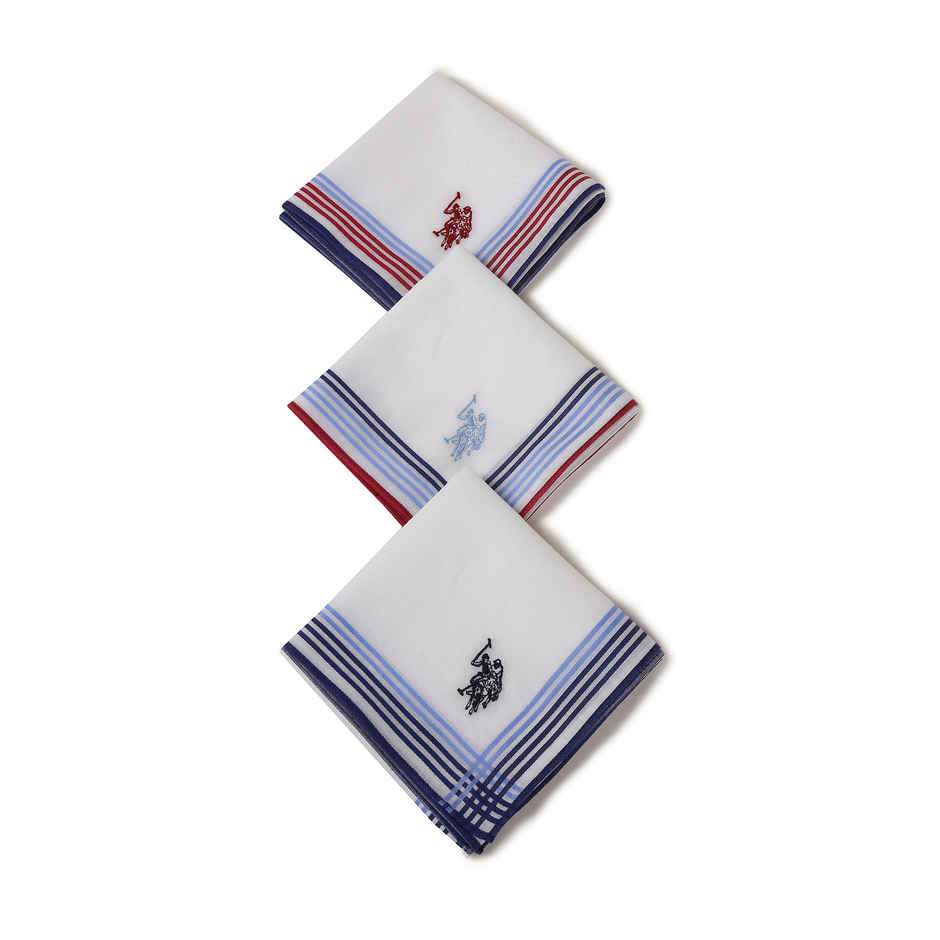 U.S. Polo Assn. Men Pure Cotton Brand Logo Handkerchief Pack Of 3 Assorted - One Size