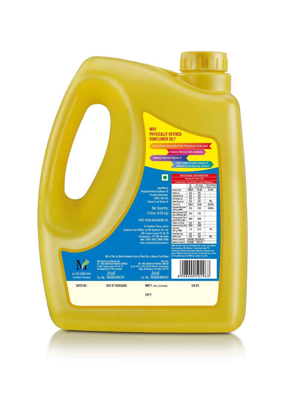 Sunpure Sunflower Cooking Oil Hdpe Can with Free Jivana Sugar