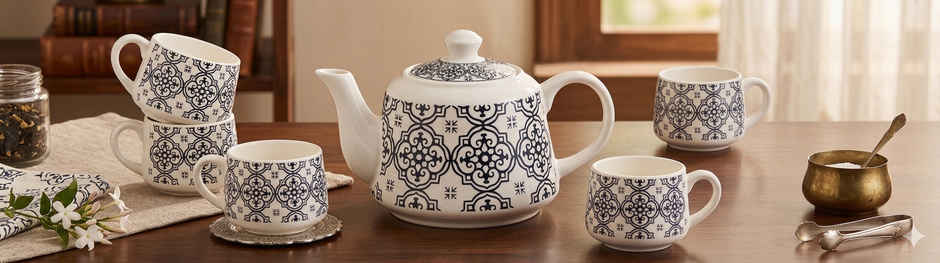 Saffron Classic Mosaic Printed Ceramic Tea Kettle Milk Pot & Cup Set