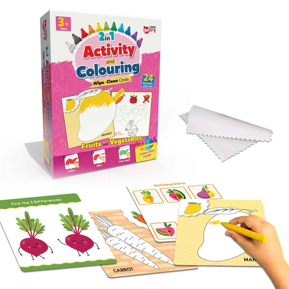 2 In 1 Activity Flash Cards For Kids: Fruits & Vegetables | 24 Reusable Cards With Crayons - Lb81