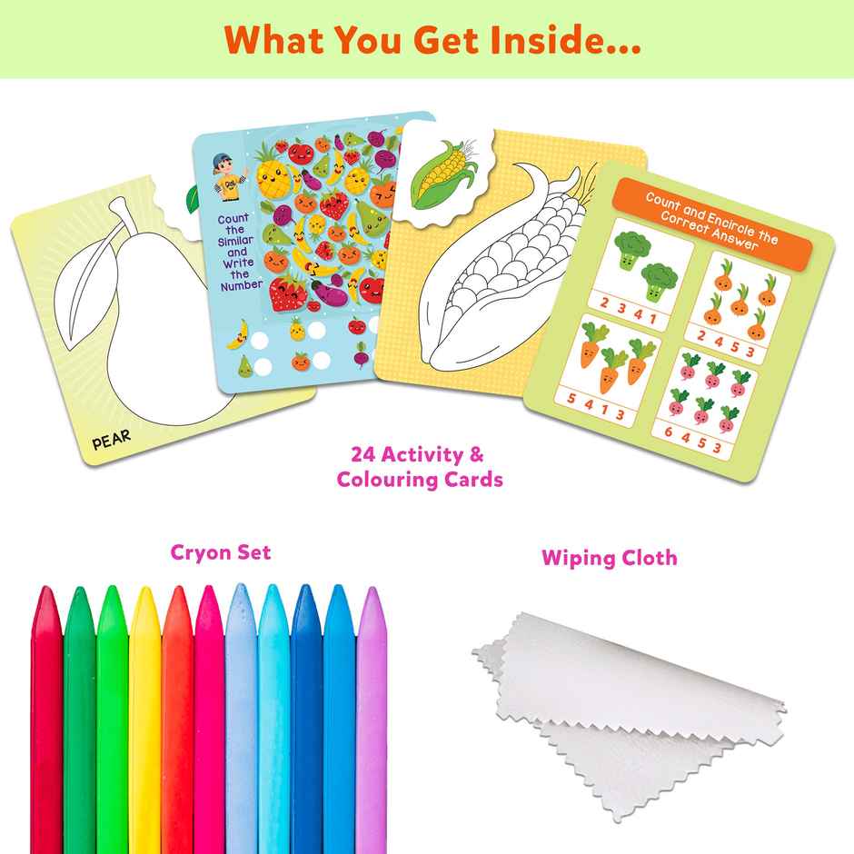 2 In 1 Activity Flash Cards For Kids: Fruits & Vegetables | 24 Reusable Cards With Crayons - Lb81
