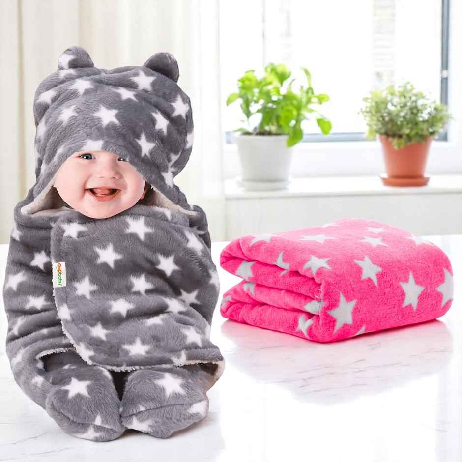 Oyo Baby Blanket New Born Babiessoft Baby Combo Wrapper Pink & Grey Star Printed