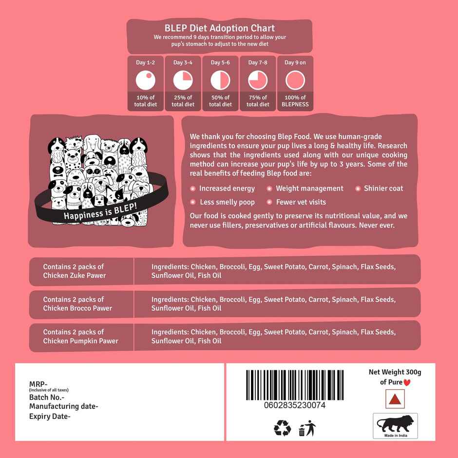 BLEP 100% Natural Dog Food | Chicken Pumpkin, Zucchini, Broccoli | 6 Packs | Zero Preservatives