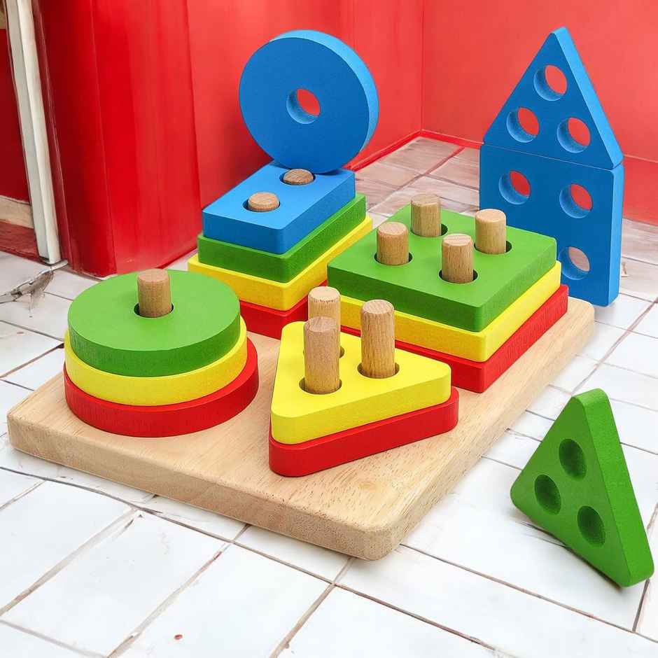 Kidology Wooden Geometric Shapes Shorter Stacking Toy Puzzle | Montessori Toys for 1+ Year Old