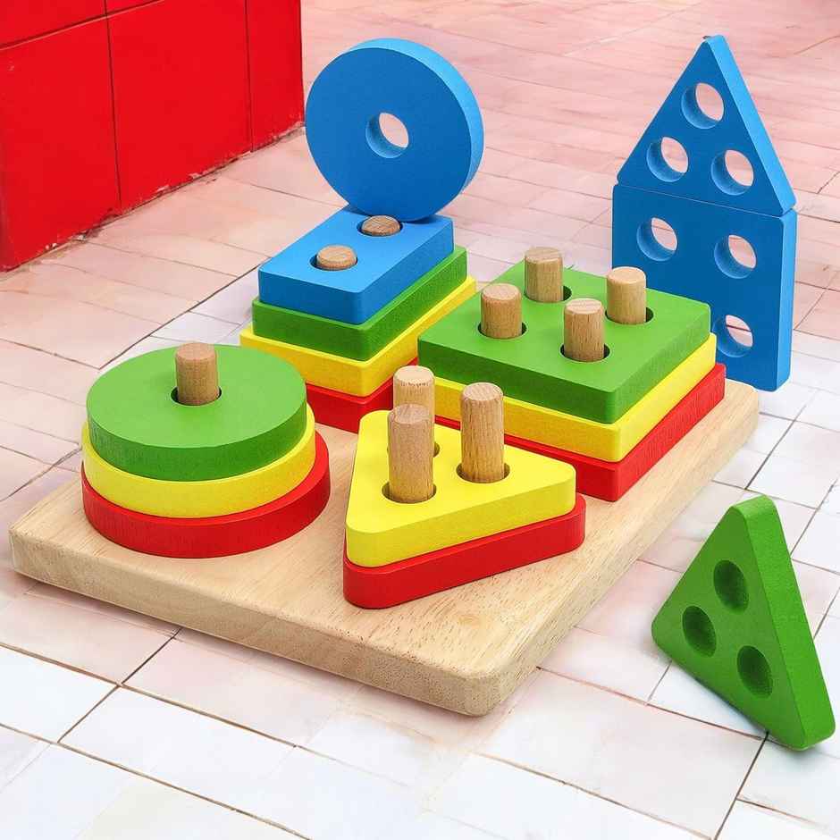 Kidology Wooden Geometric Shapes Shorter Stacking Toy Puzzle | Montessori Toys for 1+ Year Old