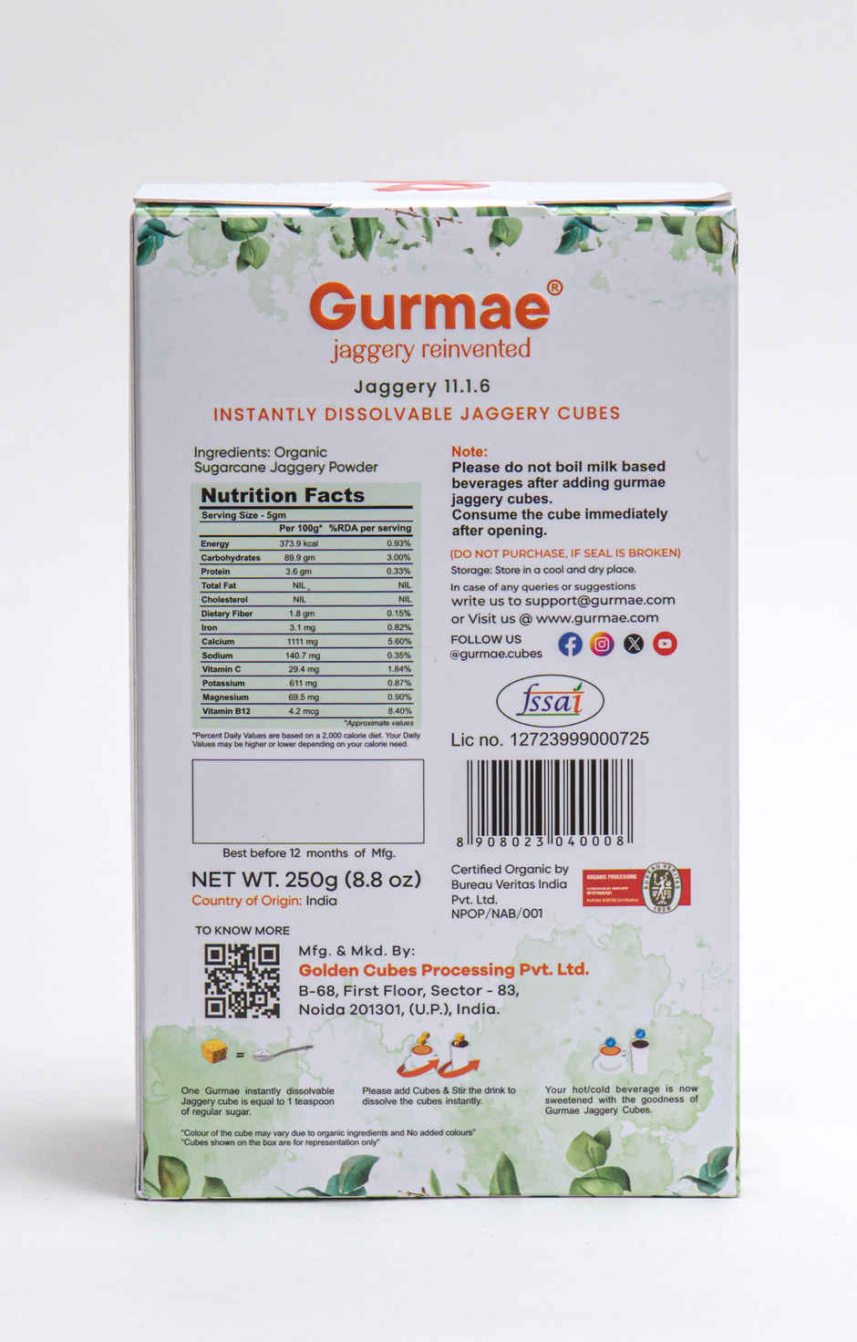 Gurmae Certified Organic Instantly Dissolvable Jaggery Cubes Tea Sweetener